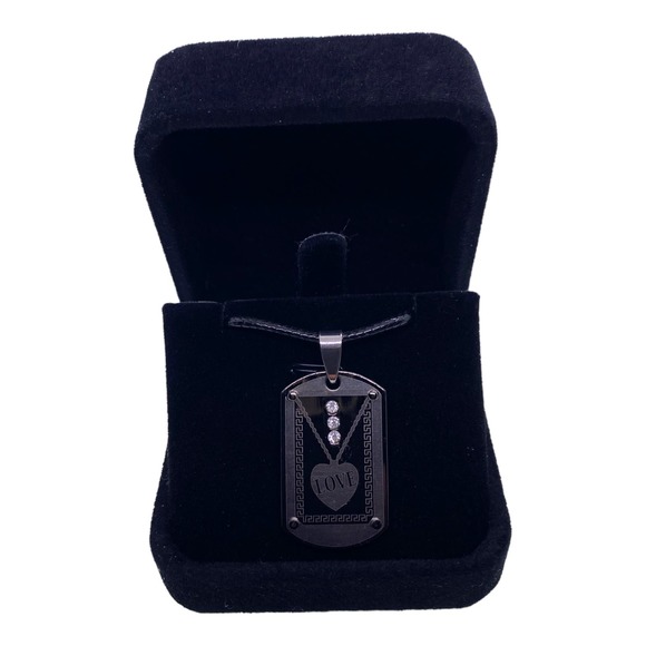 Faux Leather Chain BLACK Gun Metal Dog Tag Love Pendant Rhinestone Necklace - Picture 3 of 6